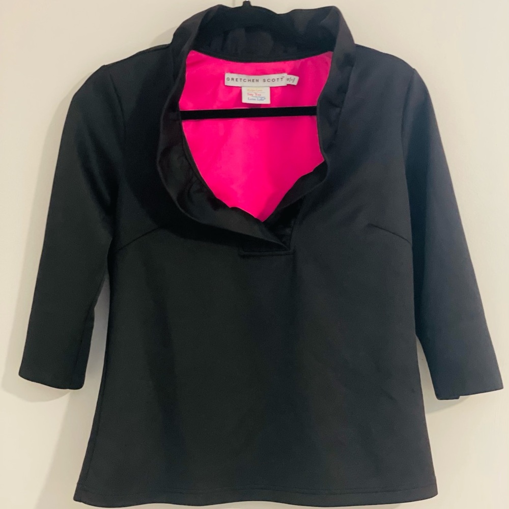 Gretchen Scott Black Ruffle Neck Top